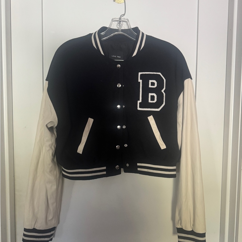 Love Tree Cropped Black and Cream Varsity Jacket